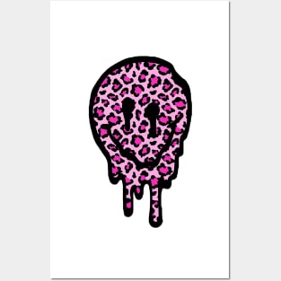 Pink Leopard Drippy Smiley Face Posters and Art